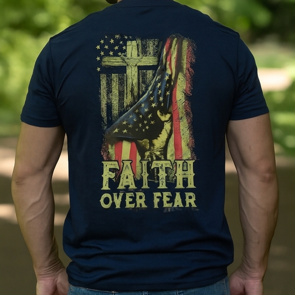 Faith Over Fear Shirt - Christian Patriotic Graphic Tee - Cross Flag Design - Picture 1 of 16